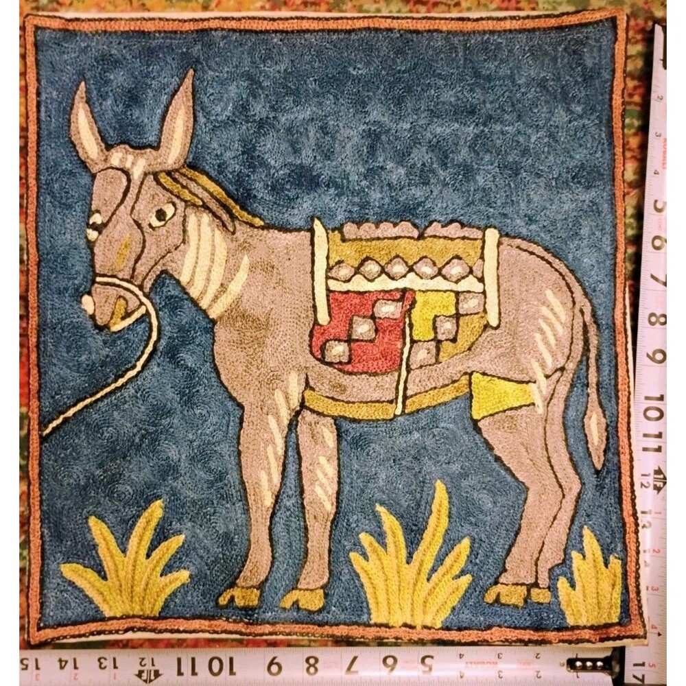 Vintage Greek Donkey Chain Stitch Embroidered Pillow Cover 16" Santorini Folk Ar